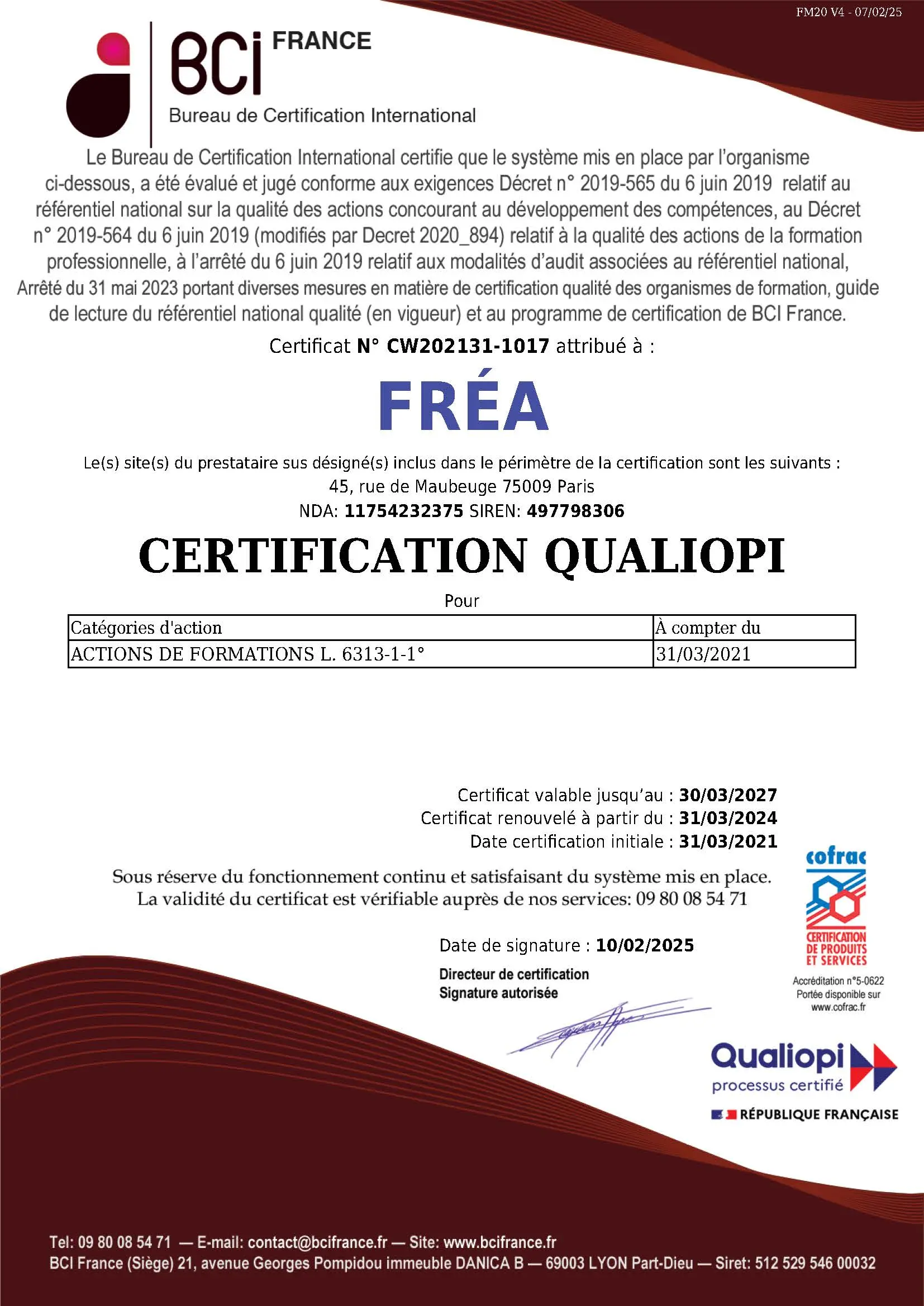 Certificat Qualiopi Fréa Formation